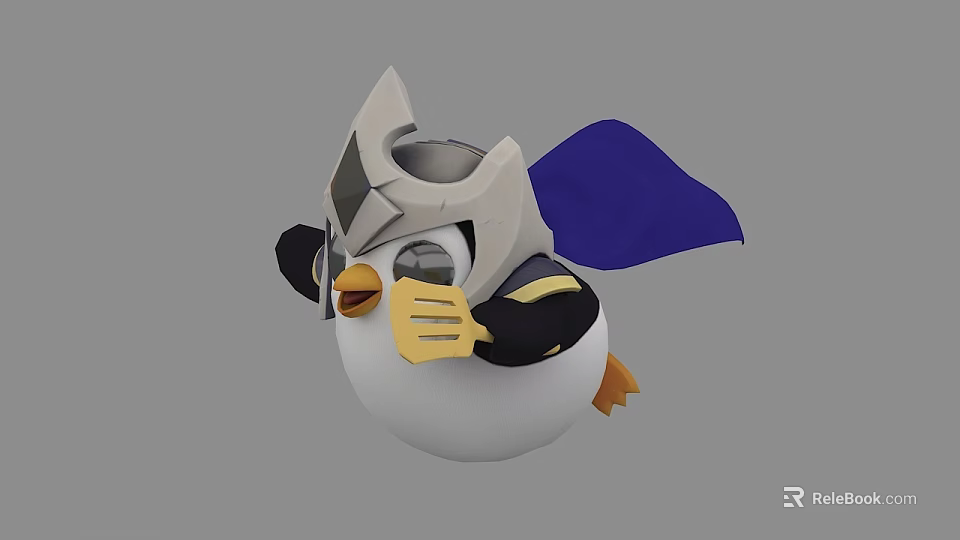 Adorable Penguin Game Character In Heroic Pose With Gray Helmet And Blue Cape 3d model 