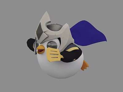 Adorable Penguin Game Character In Heroic Pose With Gray Helmet And Blue Cape 3d model