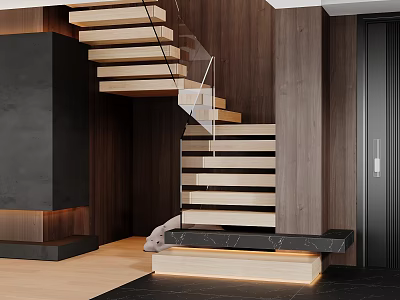 Modern Staircase with Wooden Steps Glass Railing and Wooden Wall Design Elements 3d model