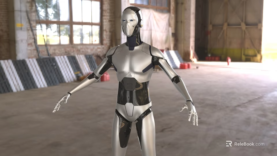 Humanoid Robot With Silver And Black Design In Industrial Space Featuring Large Windows 3d model 