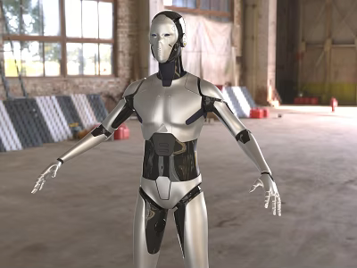 Humanoid Robot With Silver And Black Design In Industrial Space Featuring Large Windows 3d model