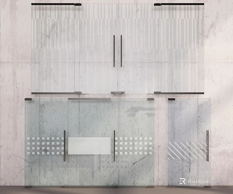 Concrete Wall With Glass Doors Featuring Vertical Stripes Geometric Patterns And Metal Handles 3d model 