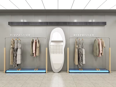 Simple Modern Clothing Store with Metal Racks Various Hanging Clothes and Center White Oval Mirror 3d model
