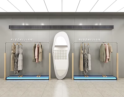 Simple Modern Clothing Store with Metal Racks Various Hanging Clothes and Center White Oval Mirror 3d model
