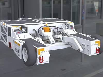 White Industrial Utility Vehicle With Yellow Mechanical Arm Red Hooks And Multiple Wheels 3d model