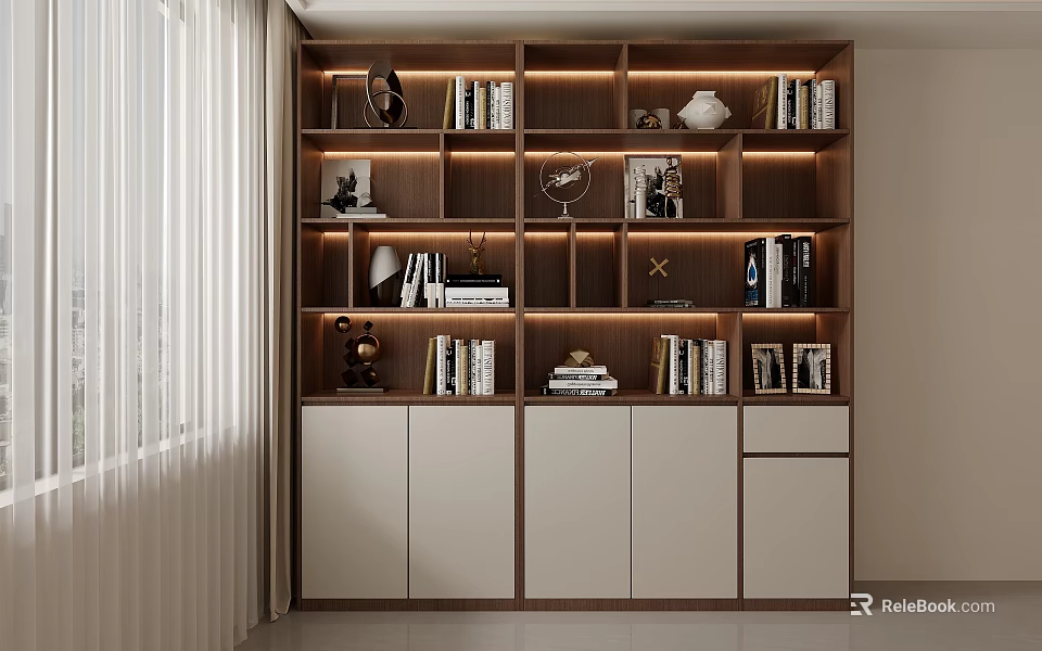 Modern Display Cabinet with Multiple Shelves Built-in Lighting Books Decor Items and Photo Frames 3d model 