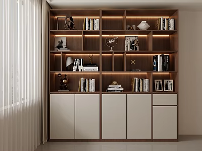 Modern Display Cabinet with Multiple Shelves Built-in Lighting Books Decor Items and Photo Frames 3d model