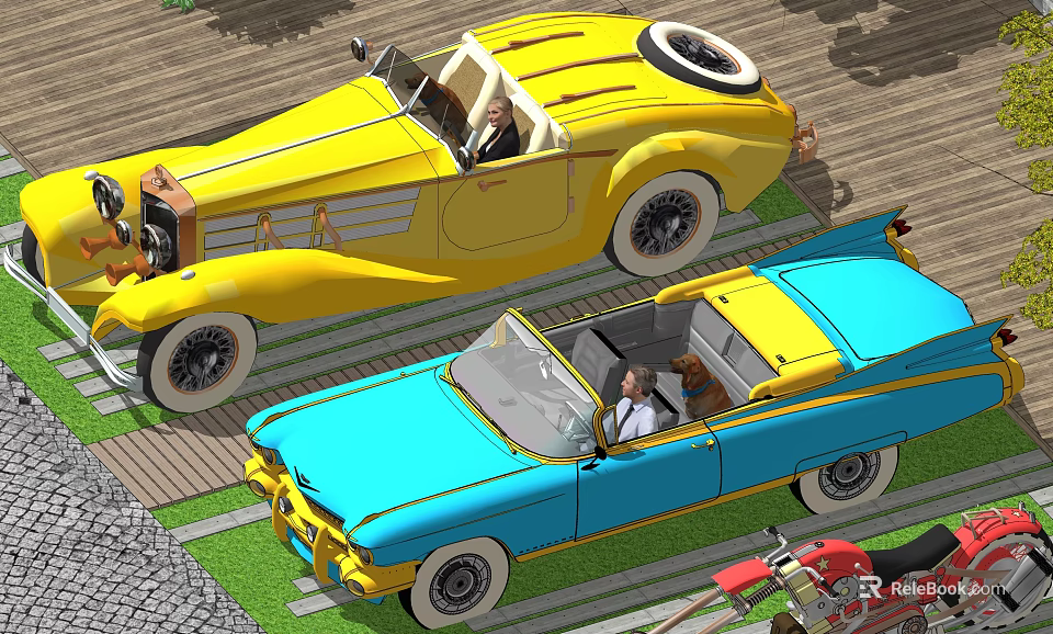 Vintage Convertible Cars Yellow And Blue Classic Models With Open Tops 3d model 