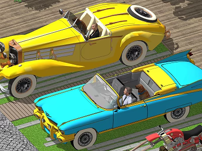 Vintage Convertible Cars Yellow And Blue Classic Models With Open Tops 3d model