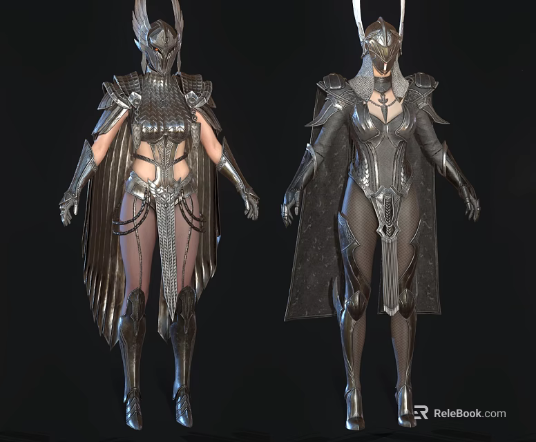 Game And Movie Characters Female Warriors In Metallic Armor With Intricate Costume Design 3d model 