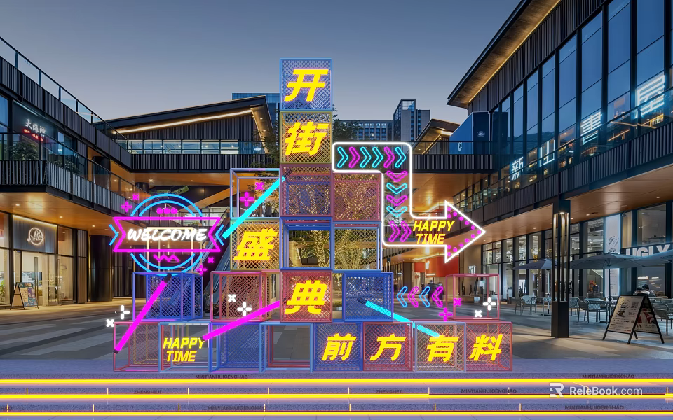 Vibrant Neon Light Display Featuring Opening Ceremony Magic Zon Happy Time Arrows And Modern Building 3d model 