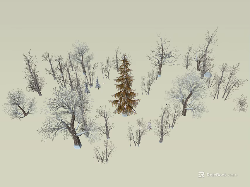 Winter Scene With Central Green Leafy Tree Surrounded By Leafless Trees 3d model 