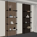 Modern Wooden Shelves with Metal Frame Decorated with Vase Sculpture Books and Towels