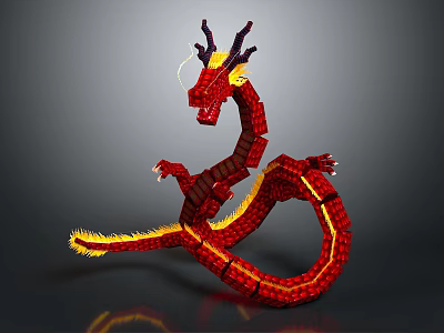 Red Chinese Dragon 3D Model with Scaled Body Yellow Accents and Curved Shape 3d model