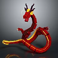 Red Chinese Dragon 3D Model with Scaled Body Yellow Accents and Curved Shape