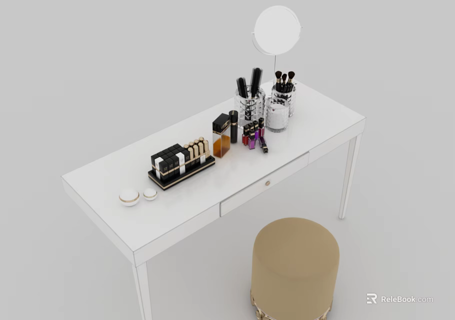 Stylish White Dressing Table With Round Mirror Cosmetics And Beige Stool 3d model 