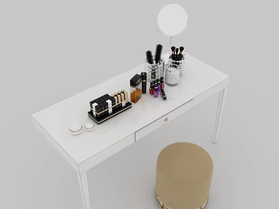 Stylish White Dressing Table With Round Mirror Cosmetics And Beige Stool 3d model
