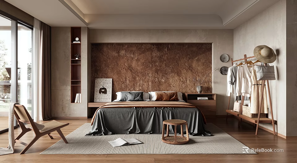 Modern Bedroom Interior With Brown Textured Wall Grey Bedspread And Wooden Stool 3d model 