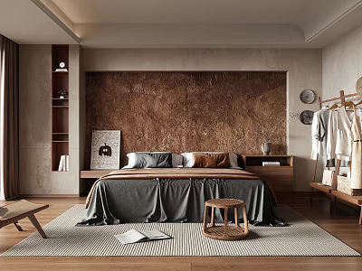 Modern Bedroom Interior With Brown Textured Wall Grey Bedspread And Wooden Stool 3d model
