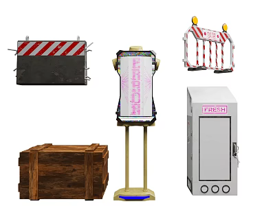 Construction Site Scene Components With Traffic Barriers Signboard Wooden Crate And Trash Bin 3d model