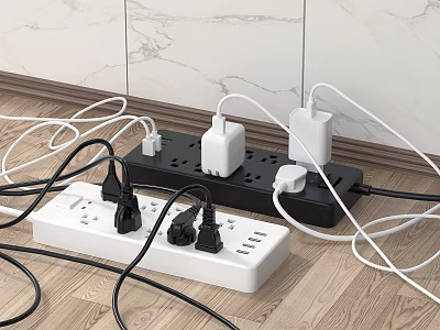 Power Strips With Multiple Cables On Wooden Floor And Marble Wall Background 3d model
