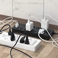 Power Strips With Multiple Cables On Wooden Floor And Marble Wall Background