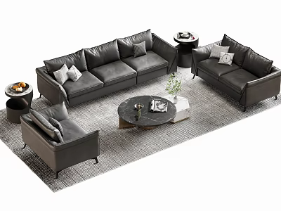Modern Black Leather Sofa And Coffee Table Set With Potted Plant Magazines And Gray Rug 3d model