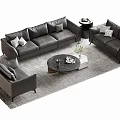 Modern Black Leather Sofa And Coffee Table Set With Potted Plant Magazines And Gray Rug