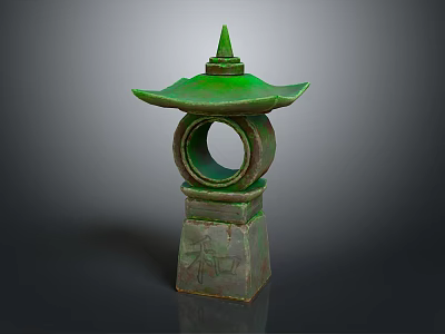 Green Lantern Shaped Decorative Ornament Set with Square Base and Carved Design for Home Decor 3d model