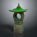 Green Lantern Shaped Decorative Ornament Set with Square Base and Carved Design for Home Decor