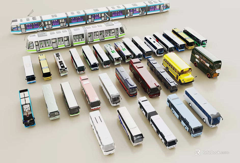 Diverse Bus Model Collection Showcasing Modern City Buses and Colorful Mini Coaches 3d model 