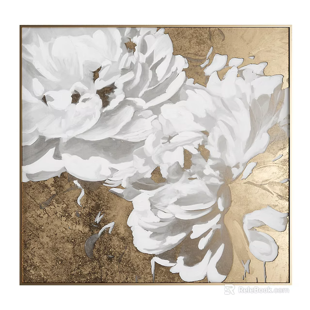 Abstract Floral Wall Art With White Peonies And Gold Brown Background 3d model 