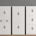 White Storage Cabinets With Various Door And Drawer Designs On Wooden Floor