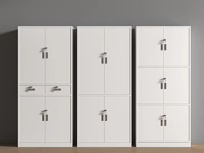White Storage Cabinets With Various Door And Drawer Designs On Wooden Floor 3d model
