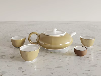 Beige Ceramic Tea Set With Teapot And Matching Cups On White Countertop 3d model