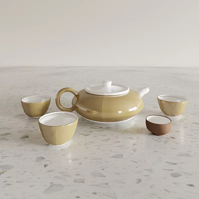 Beige Ceramic Tea Set With Teapot And Matching Cups On White Countertop 3d model