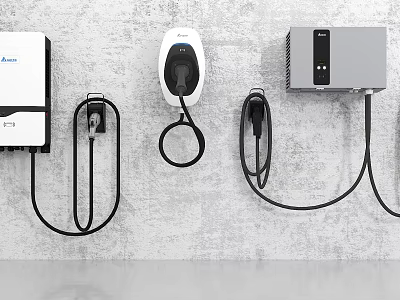 Wall Mounted Electric Vehicle Charging Devices With Cables And Power Equipment 3d model