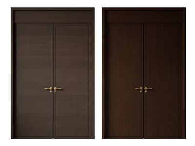 Dark Brown Wooden Double Doors With Golden Handles For Home Interior 3d model