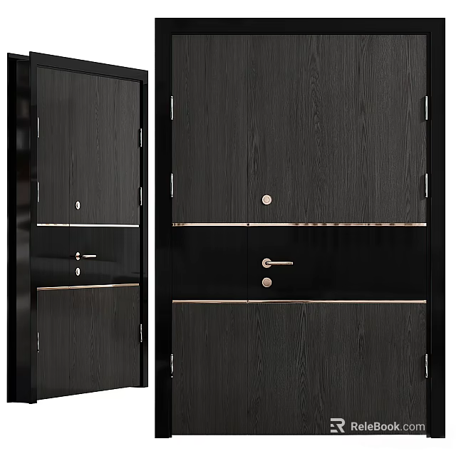 Black Wooden Texture Modern Swing Door with Metal Handles and Locks 3d model 