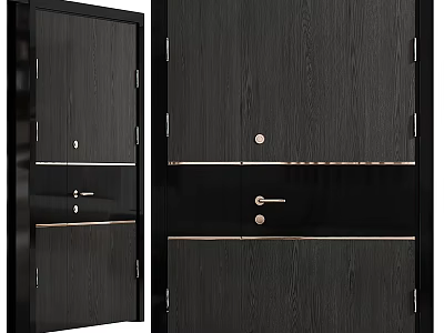 Black Wooden Texture Modern Swing Door with Metal Handles and Locks 3d model
