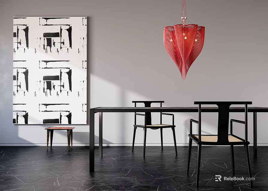 Modern Dining Table Set With Black Table Wooden Chairs Red Pendant Light And Abstract Painting 3d model 
