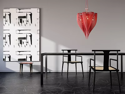 Modern Dining Table Set With Black Table Wooden Chairs Red Pendant Light And Abstract Painting 3d model