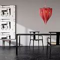 Modern Dining Table Set With Black Table Wooden Chairs Red Pendant Light And Abstract Painting