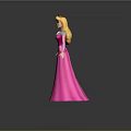 Woman In Pink Long Dress With Blonde Hair Standing On Gray Background