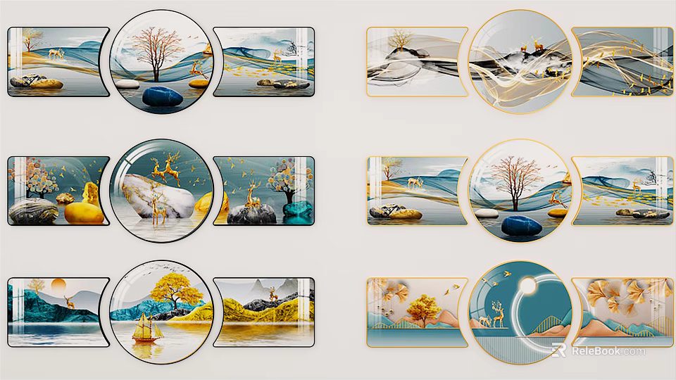 Modern Wall Art Decor With Blue Yellow Tones Circular Rectangular Frames Tree Deer 3d model