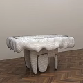 Artistic Dining Table With Patterned Tabletop And Sculptural Legs On Herringbone Wooden Floor