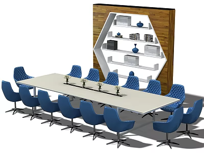 Modern Conference Table With Blue Chairs And Wooden Decorative Shelf In Office 3d model