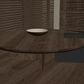 Wooden Round Table With Bowl In Interior Featuring Wooden Floor And Window Blinds