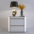 White Modern Nightstand With Stylish Lamps Vase And Yellow Flowers Decor