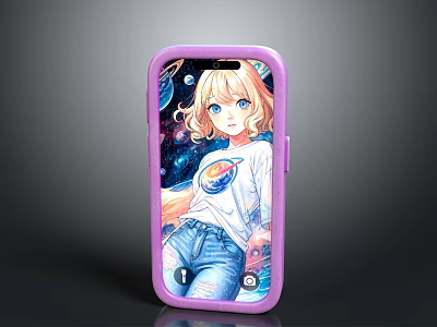 Purple Phone Case Featuring Anime Girl With Starry Sky And Planet Design 3d model